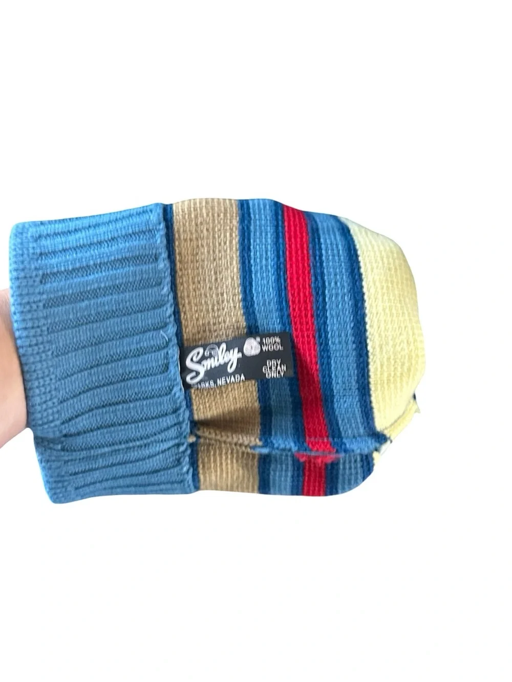 Vtg Smiley Parks Nevada 100% Wool Knit Pom Beanie Hat Blue Striped Ski 1 Size